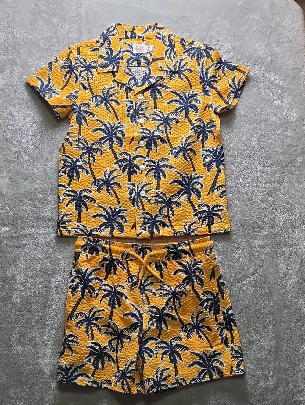 wonder nation Yellow and Navy Tropical Palm Shirt Set